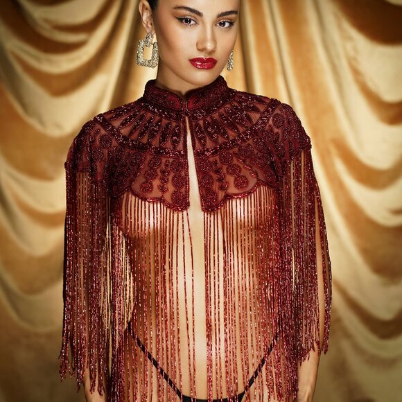 Red Fringe Cape, Rhinestone Beaded Shawl, Luxury Sequin Cape, Festival Outfit - Picture 9 of 13